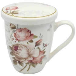 Κούπα πορσελάνης με καπάκι Λουλούδια λευκό-σομόν 340cc Ankor 832064