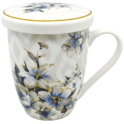 Κούπα πορσελάνης με καπάκι Λουλούδια λευκό-μπλε 340cc Ankor 832088