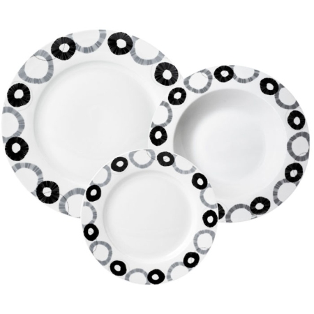 Πιάτα πορσελάνης σετ 18 τεμαχίων Κύκλοι λευκό-μαύρο Ankor R2404-18