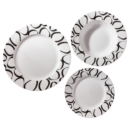 Πιάτα πορσελάνης σετ 18 τεμαχίων Κύκλοι λευκό-μαύρο Ankor R2409-18