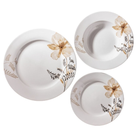 Πιάτα πορσελάνης σετ 18 τεμαχίων Λουλούδι λευκό-μπεζ Ankor R2617-18