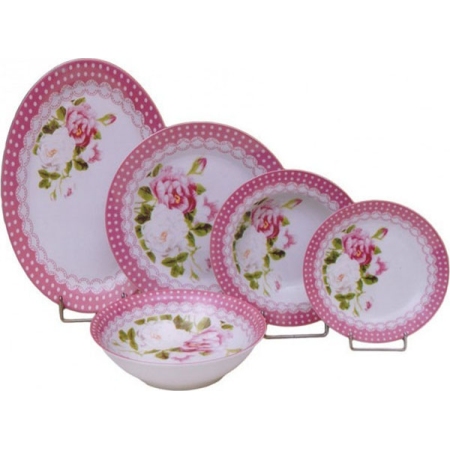 Πιάτα πορσελάνης σετ 20 τεμαχίων Roses λευκό-ροζ For Home GC200