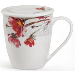 Κούπα πορσελάνης με καπάκι Λουλούδια λευκό-κόκκινο 360cc Karvounis 360KC/A9