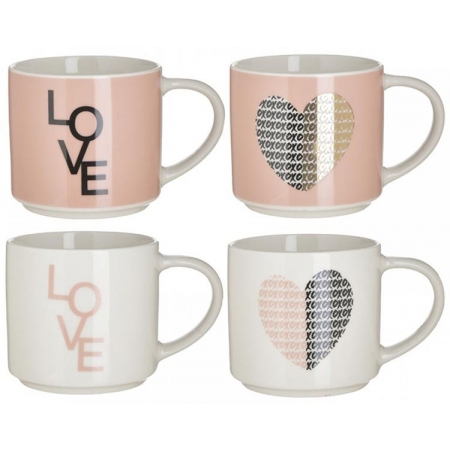 Κούπες κεραμικές σετ 4 τεμαχίων Love λευκό-ροζ 400cc Click 6-60-399-0004