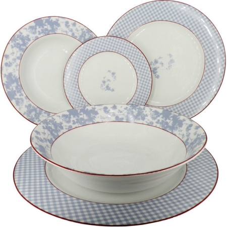 Πιάτα πορσελάνης σετ 20 τεμαχίων λευκό-γαλάζιο AB 845-20-BL