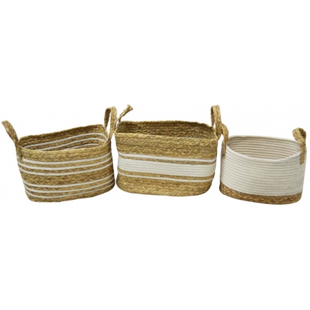 Καλάθια σετ 3 τεμαχίων υφασμάτινα-ψάθινα λευκό Ankor 813636