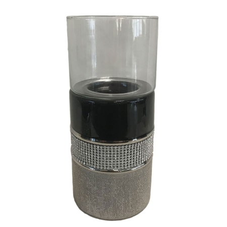 Κηροπήγιο με γυαλί κεραμικό μαύρο/ασημί 23εκ Karvounis H7728L-BF17C