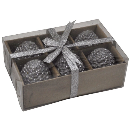 Κεριά σετ 6 τεμαχίων Κουκουνάρι ασημί 4x6εκ Pol 7112002